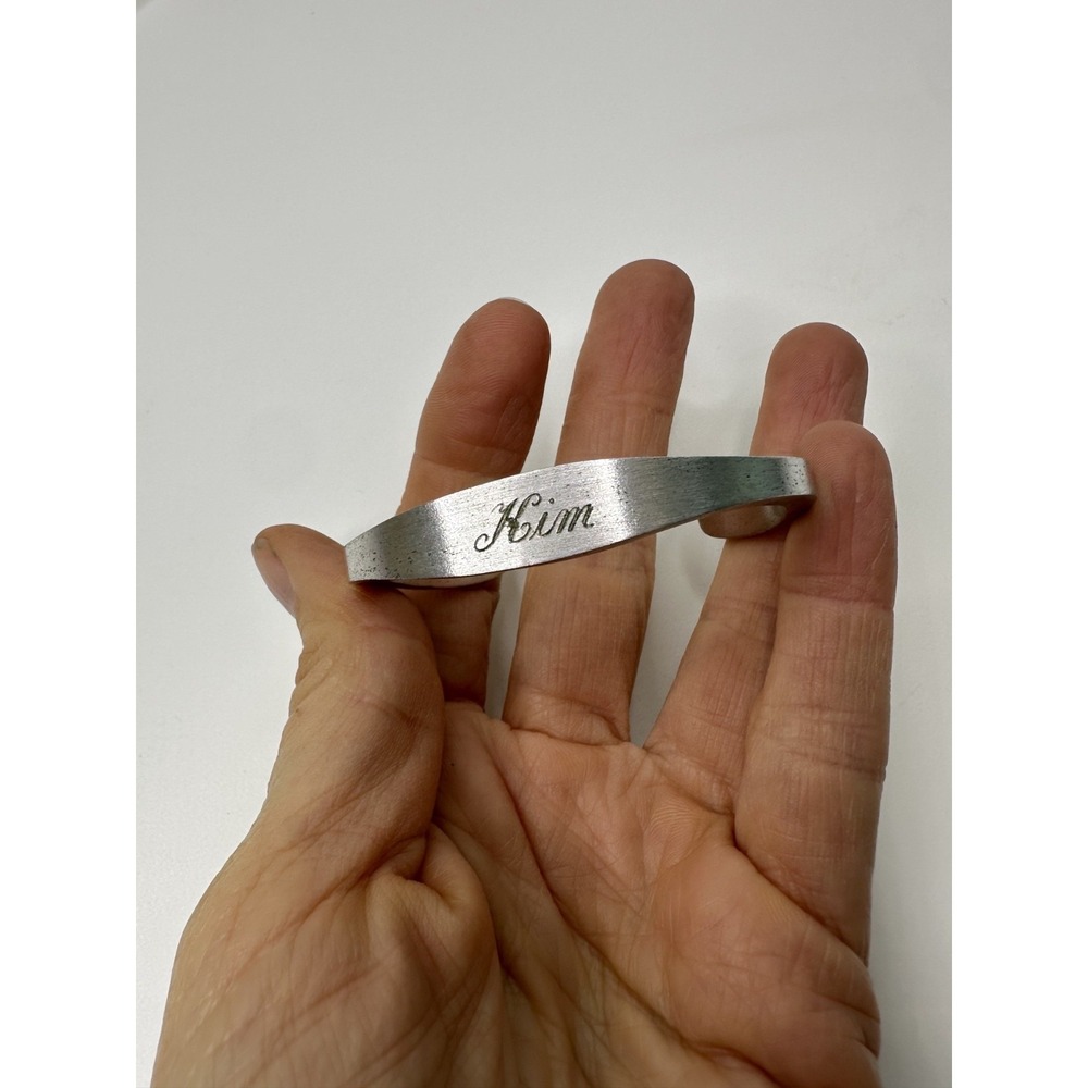 Vintage Speidel Cuff Bracelet Engraved Kim Brushed Steel Silver Tone ID